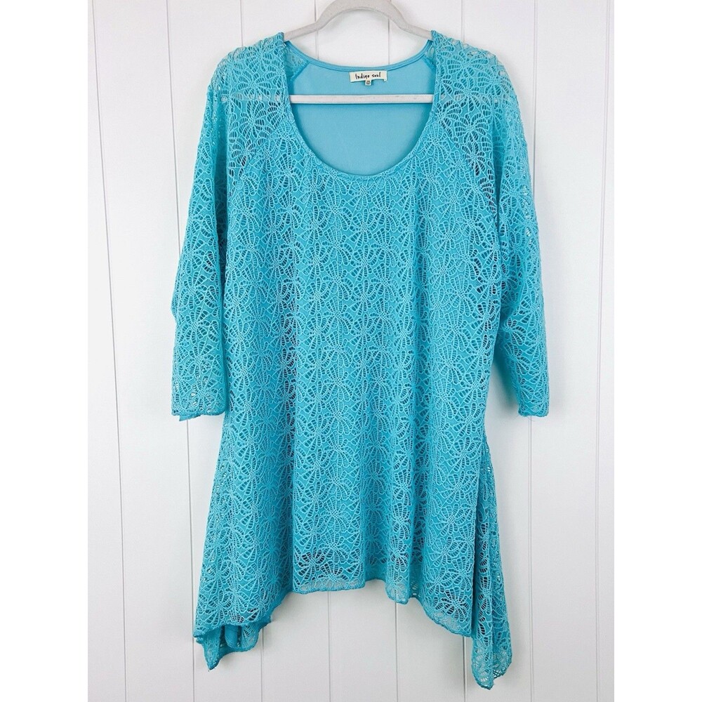 Indigo Soul Turquoise Blue Crochet Lace Top Pullover Boho Fairy Romantic Plus 2X